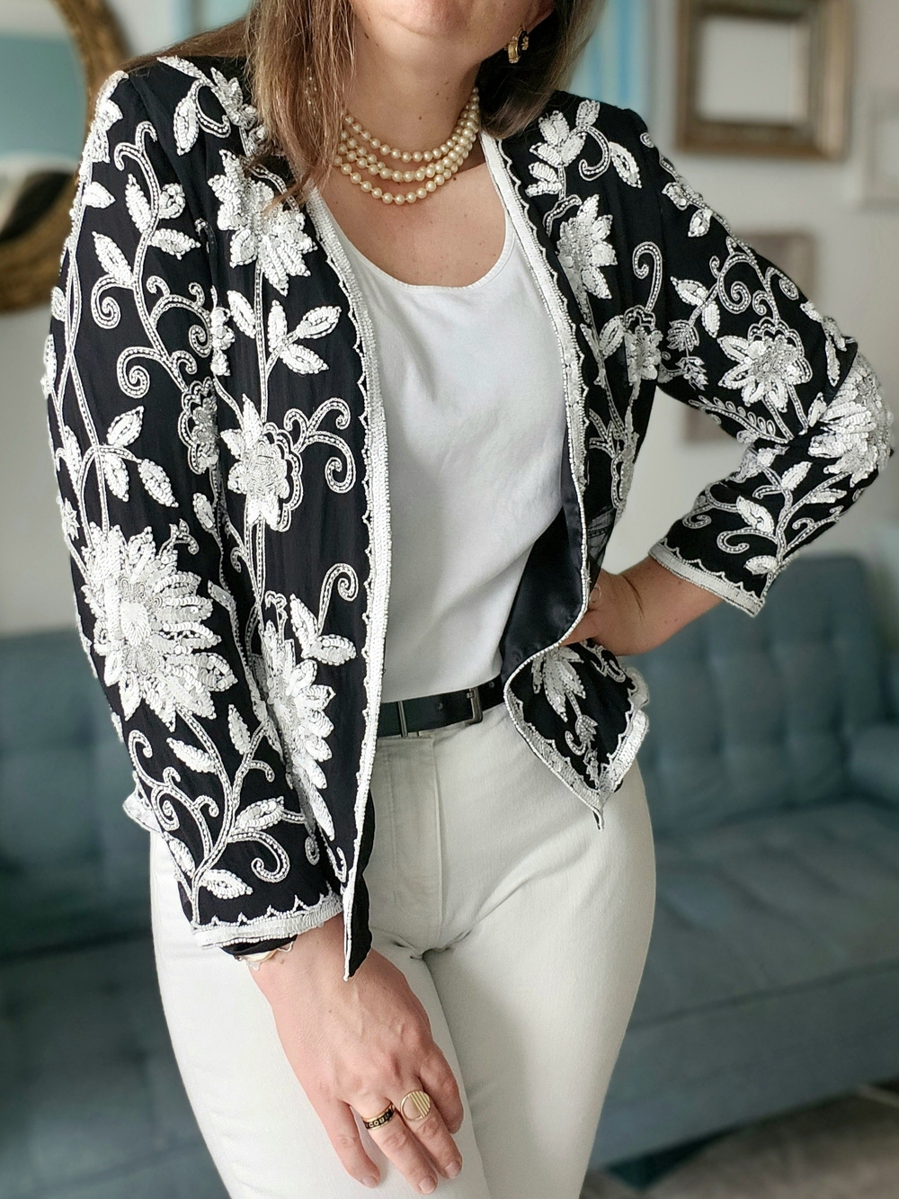 Vintage After Six Black Silk Cardigan with White Floral Beaded Embroidery